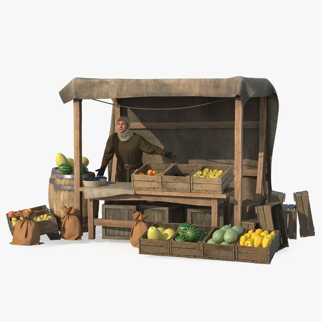 Characters & People 3D models - Medieval Merchant with Market Stall