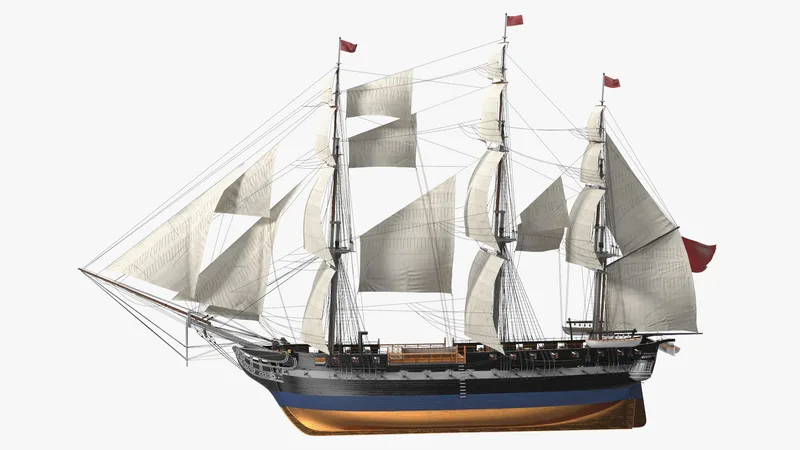 Three Masted Heavy Frigate Raised Sails 3D model preview